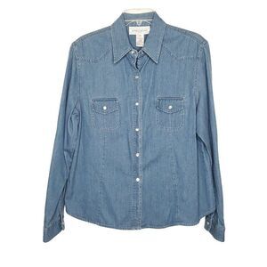 Y2K Womens Western Denim Shirt 14 L Pearl Snaps Pockets Cowgirl Rodeo Glam Blue